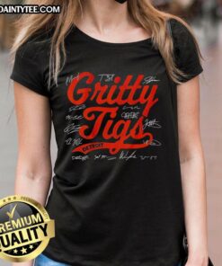 Happy Detroit Tigers Baseball 2025 tee featuring Gritty Tigs players' signatures, perfect for fans and collectors.