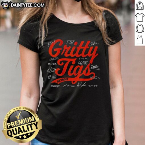 Happy Detroit Tigers Baseball 2025 tee featuring Gritty Tigs players' signatures, perfect for fans and collectors.