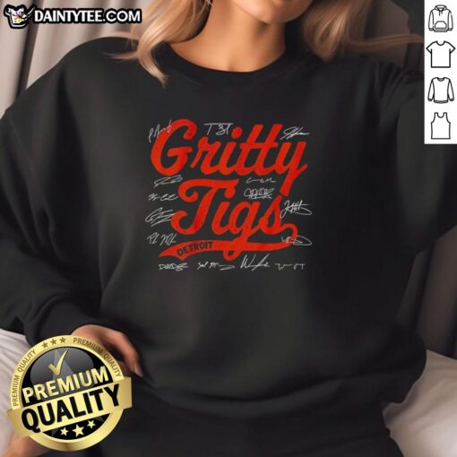 Alt Text: Happy Detroit Tigers baseball players wearing Gritty Tigs signature sweatshirt, showcasing team spirit in 2025.