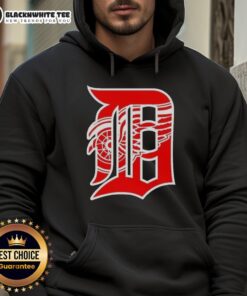 Alt Text: Happy Detroit Tigers X Red Wings logo mashup hoodie showcasing vibrant team colors and unique design for fans.