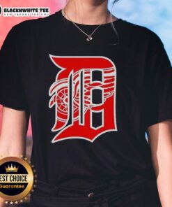 Happy Detroit Tigers X Red Wings logo mashup on a ladies tee, showcasing team spirit and vibrant sports design.