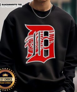 Happy Detroit Tigers x Red Wings logo mashup sweatshirt featuring vibrant team colors and a unique design.