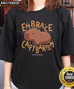 Cute ladies in a 'Happy Embrace' capybarism tee, enjoying a relaxed moment, embodying the do-nothing lifestyle.