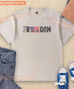 Happy Freedom Charlie Kirk wearing a USA flag washed t-shirt, showcasing patriotism and American pride.