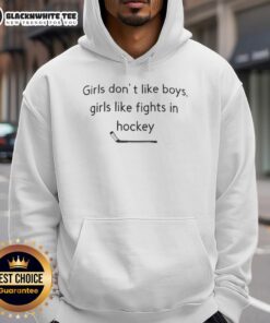 Happy girls in a hockey-themed hoodie that says 'Girls Don't Like Boys, Girls Like Fights' showcasing their love for the sport.