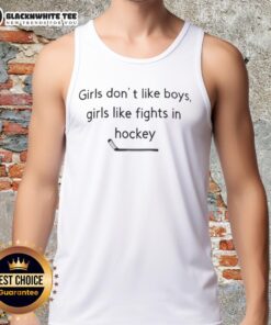 Happy girls wearing 'Girls Like Fights in Hockey' tank tops, enjoying a fun day at the rink, showcasing team spirit.