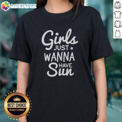Happy girls wearing a 'Just Wanna Have Sun' Christmas tee, enjoying a sunny holiday gathering outdoors.
