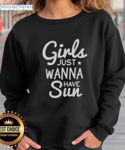 Happy girls wearing 'Just Wanna Have Sun' Christmas sweatshirt, smiling outdoors in sunny holiday spirit.