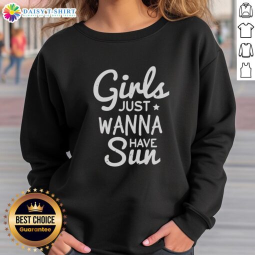 Happy girls wearing 'Just Wanna Have Sun' Christmas sweatshirt, smiling outdoors in sunny holiday spirit.