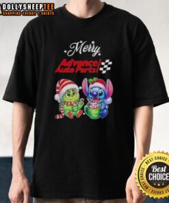Happy Grinch and Stitch wearing Santa hats on a Merry Christmas T-shirt by Advance Auto Parts.