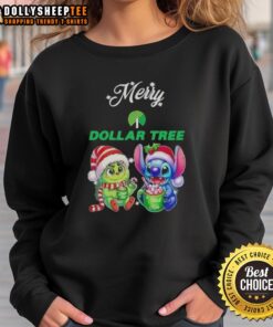 Alt Text: Happy Grinch and Stitch Christmas sweatshirt from Dollar Tree, perfect for festive holiday wear.