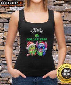 Happy Grinch and Stitch on a Dollar Tree Merry Christmas tank top, perfect for festive holiday wear.