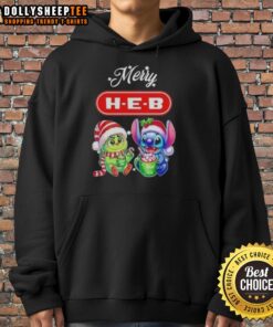 Alt Text: Happy Grinch and Stitch hoodie for H-E-B, perfect for a Merry Christmas celebration.