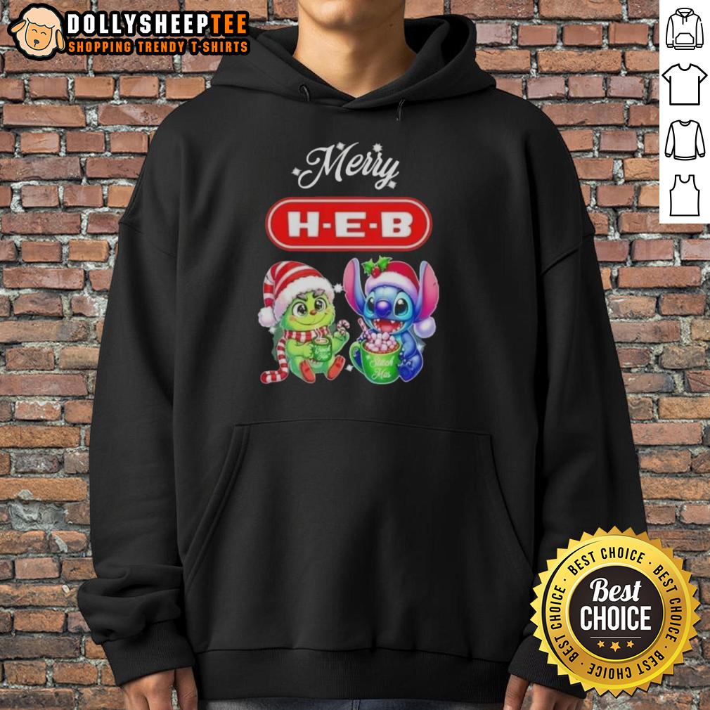 Happy Grinch And Stitch X H E B Merry Christmas Hoodie Alt Text: Happy Grinch and Stitch hoodie for H-E-B, perfect for a Merry Christmas celebration.