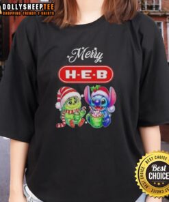 Happy Grinch and Stitch graphic on a Merry Christmas ladies tee, perfect for festive holiday celebrations.