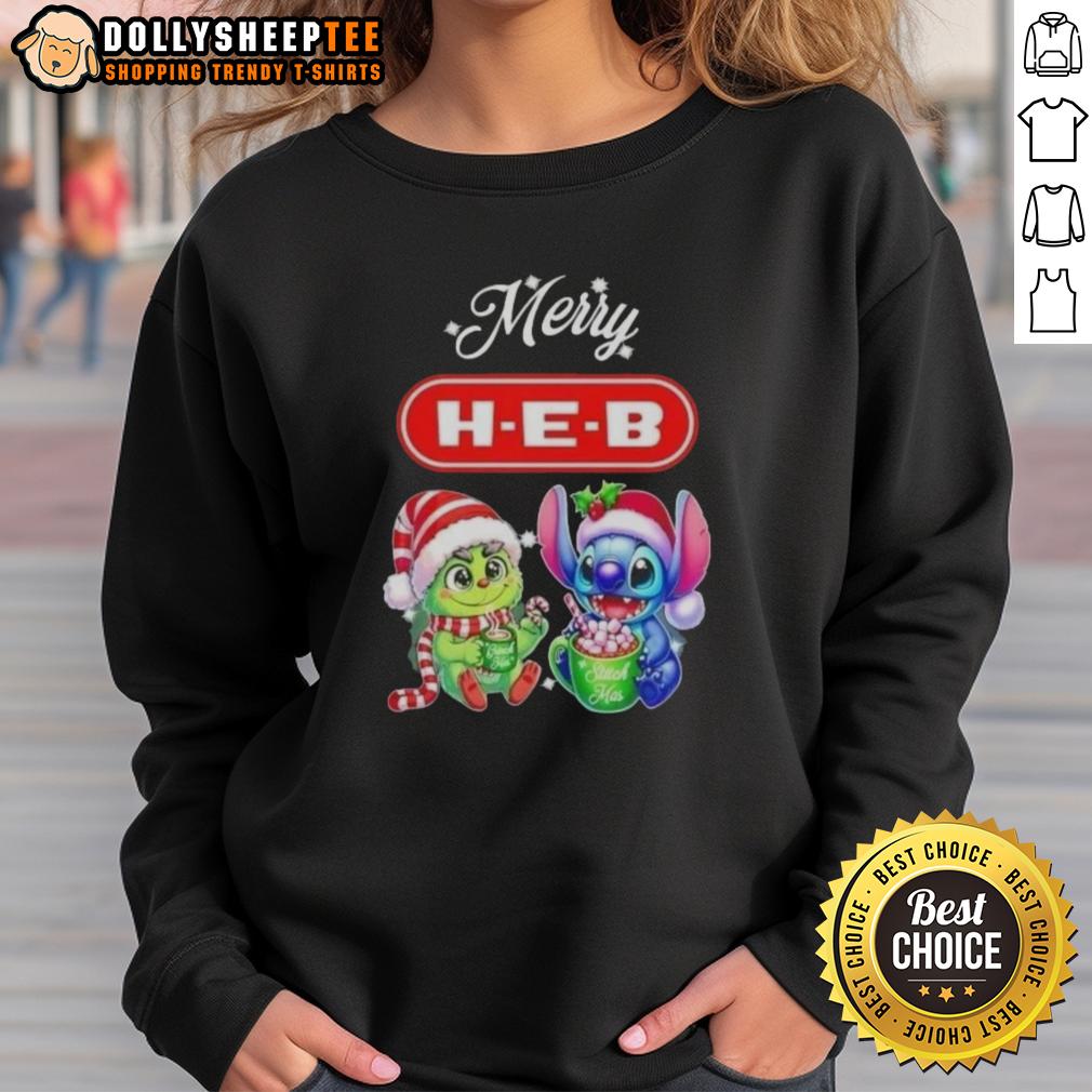 Happy Grinch And Stitch X H E B Merry Christmas Sweatshirt Happy Grinch and Stitch X H-E-B Merry Christmas sweatshirt featuring festive designs perfect for holiday celebrations.