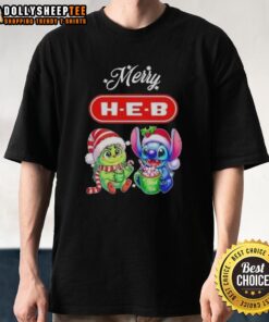 Happy Grinch and Stitch X H-E-B Merry Christmas T-Shirt featuring festive designs for a cheerful holiday look.