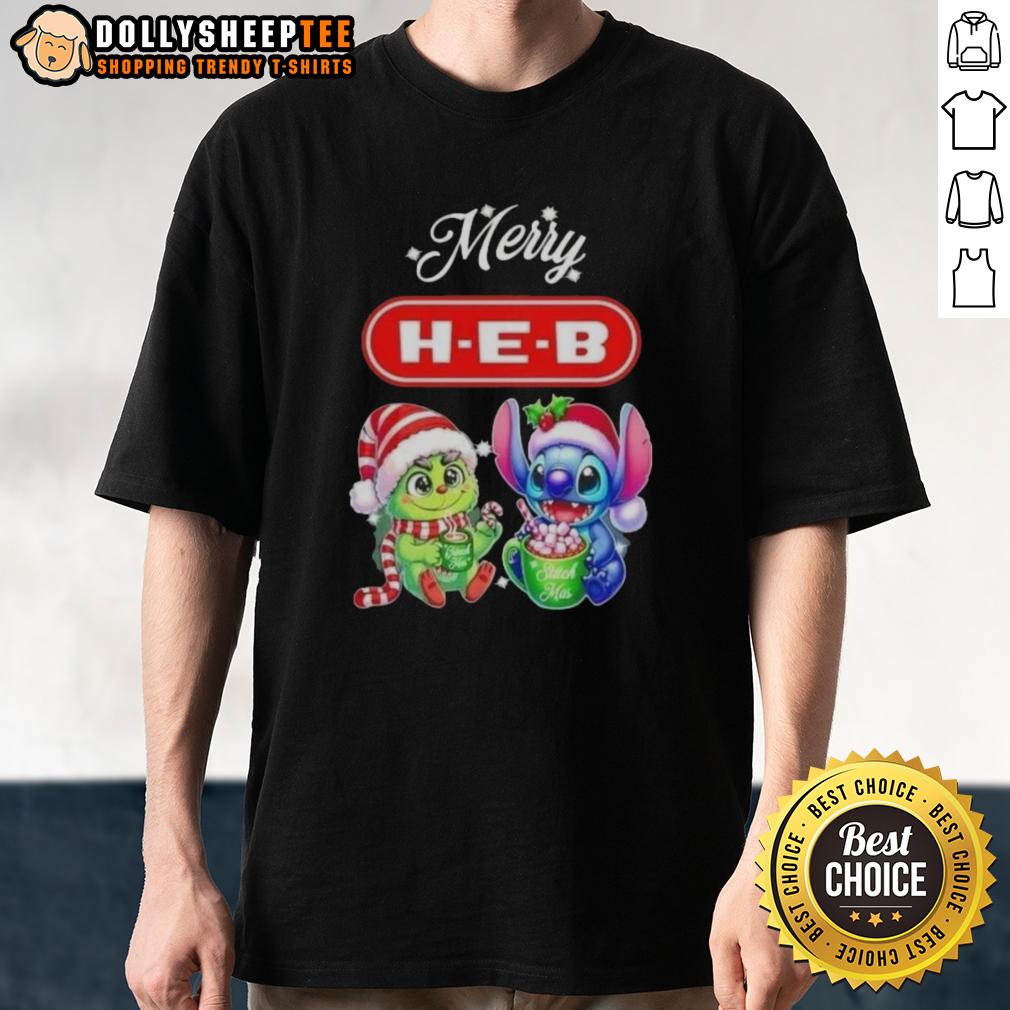 Happy Grinch And Stitch X H E B Merry Christmas T Shirt Happy Grinch and Stitch X H-E-B Merry Christmas T-Shirt featuring festive designs for a cheerful holiday look.