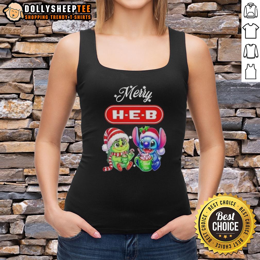 Happy Grinch And Stitch X H E B Merry Christmas Tank Top Happy Grinch and Stitch X H-E-B Merry Christmas tank top featuring festive designs perfect for holiday celebrations.