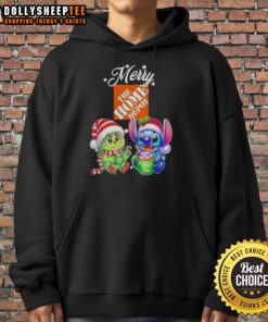 Happy Grinch and Stitch wearing Merry Christmas hoodie from Home Depot, perfect for festive holiday celebrations.