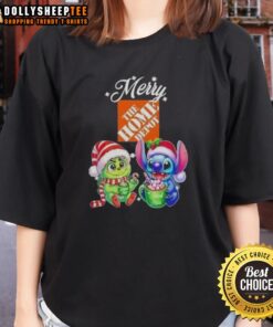 Happy Grinch and Stitch Christmas design on a ladies tee from Home Depot, perfect for festive holiday celebrations.