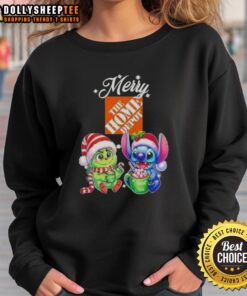 Happy Grinch and Stitch X Home Depot Merry Christmas sweatshirt featuring festive designs for holiday cheer.