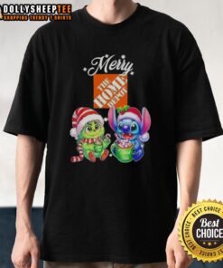 Alt Text: Happy Grinch and Stitch wearing festive hats on a Merry Christmas t-shirt available at Home Depot.