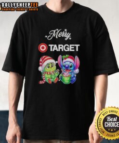 Happy Grinch and Stitch wearing Christmas hats on a festive Target t-shirt, perfect for holiday celebrations.