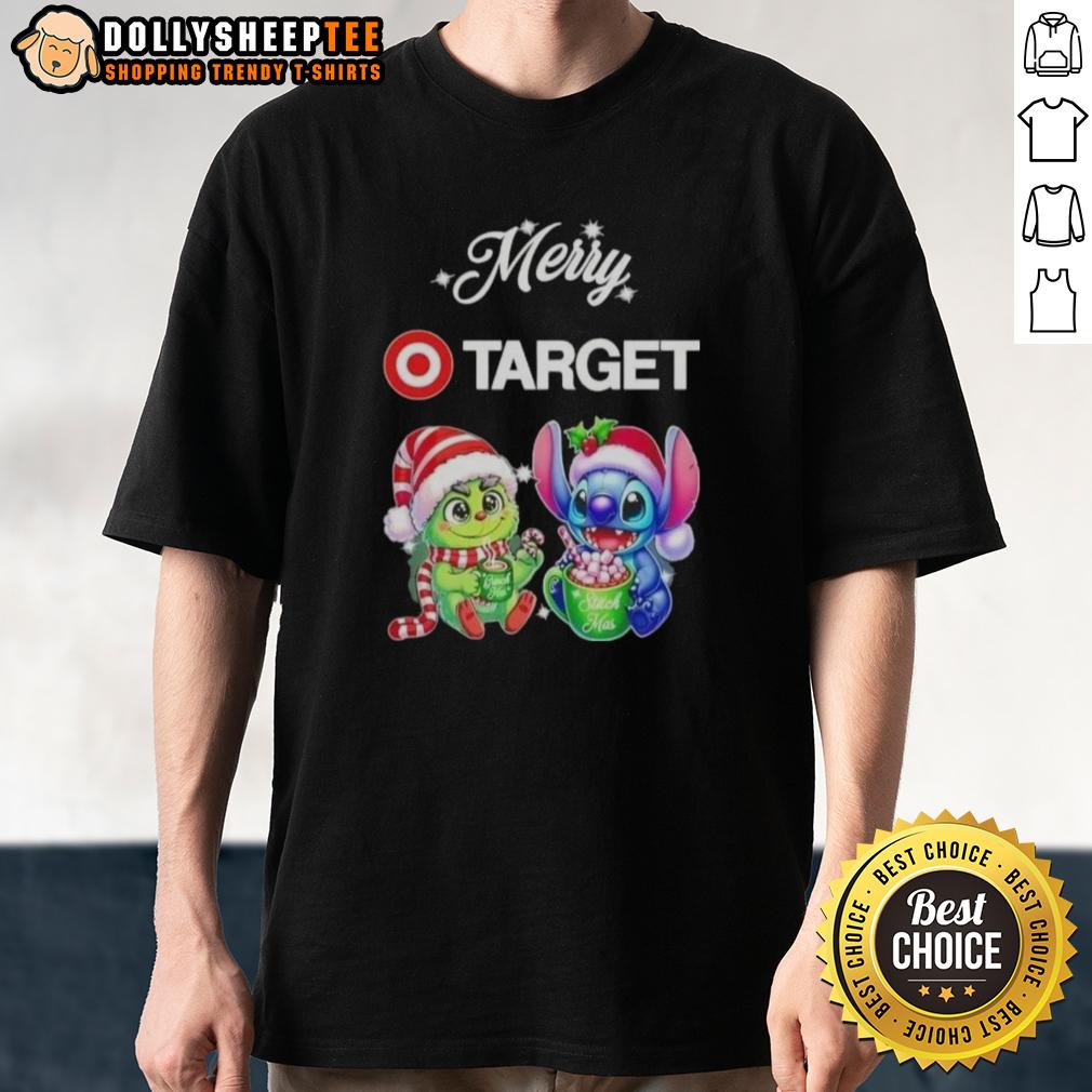 Happy Grinch And Stitch X Target Merry Christmas T Shirt Happy Grinch and Stitch wearing Christmas hats on a festive Target t-shirt, perfect for holiday celebrations.