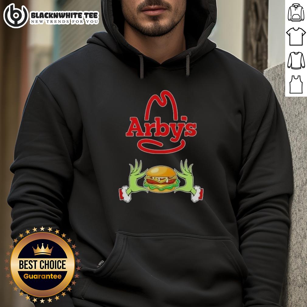 Happy Grinch Hands Love Arby'S Merry Christmas Hoodie Happy Grinch hands holding an Arby's cup, wearing a Merry Christmas hoodie, celebrating the holiday spirit.