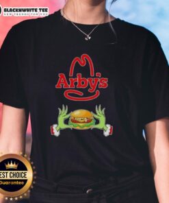Happy Grinch hands making a heart shape, featuring 'Love Arby's' on a Merry Christmas ladies tee design.