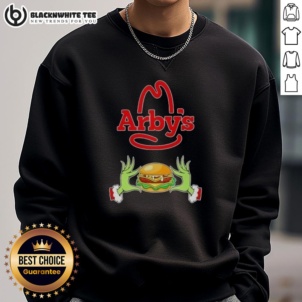 Happy Grinch Hands Love Arby'S Merry Christmas Sweatshirt Happy Grinch hands holding a heart in front of an Arbys Merry Christmas sweatshirt, festive and cheerful holiday spirit.