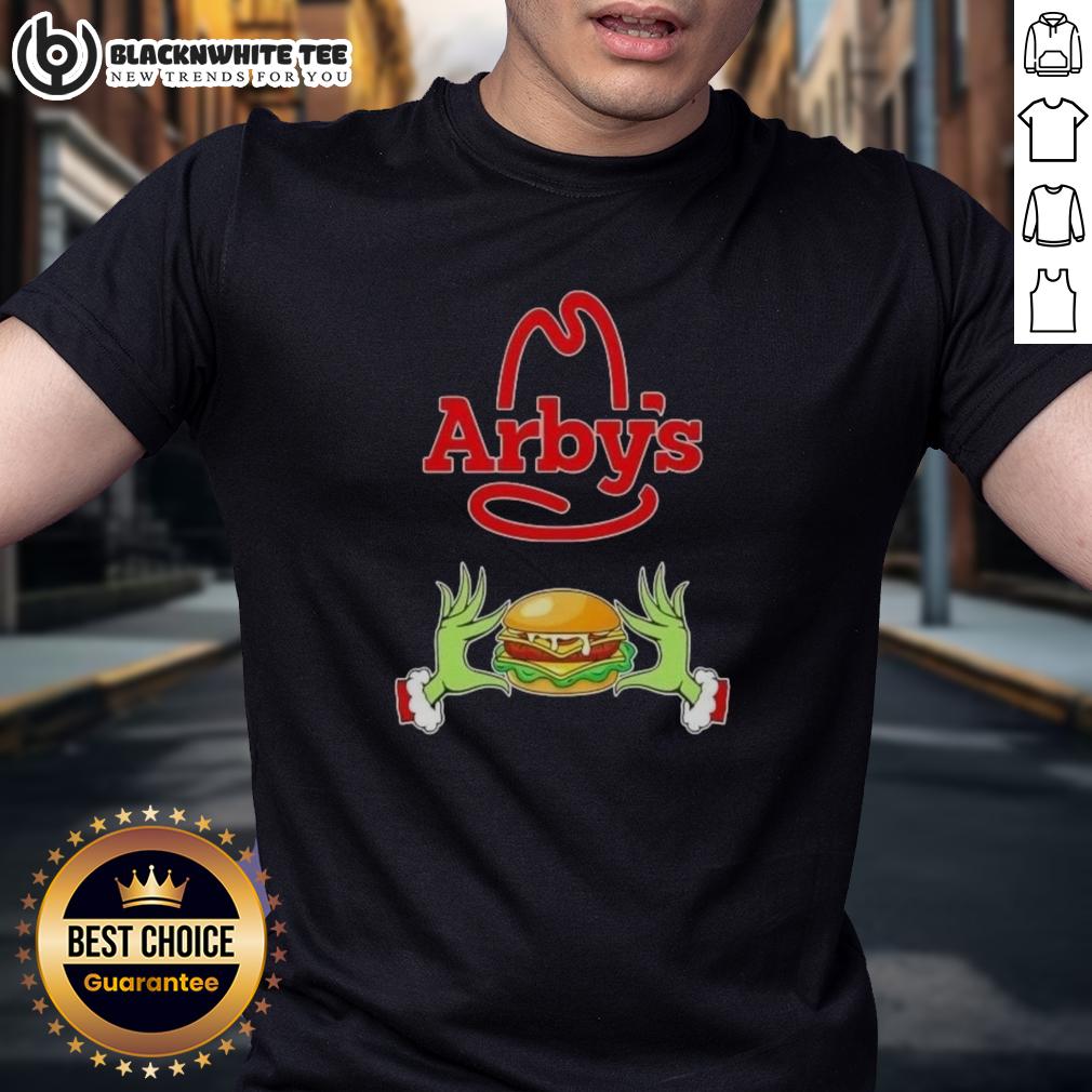 Happy Grinch Hands Love Arby'S Merry Christmas T Shirt Happy Grinch hands holding a heart on an Arby's Merry Christmas T-shirt, perfect for festive holiday cheer.