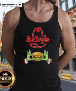 Happy Grinch hands holding an Arby's cup, wearing a Merry Christmas tank top, perfect for festive holiday cheer.