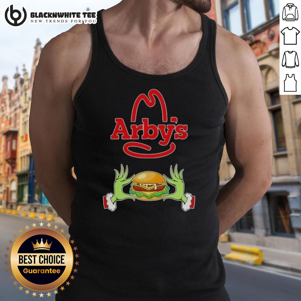 Happy Grinch Hands Love Arby'S Merry Christmas Tank Top Happy Grinch hands holding an Arby's cup, wearing a Merry Christmas tank top, perfect for festive holiday cheer.