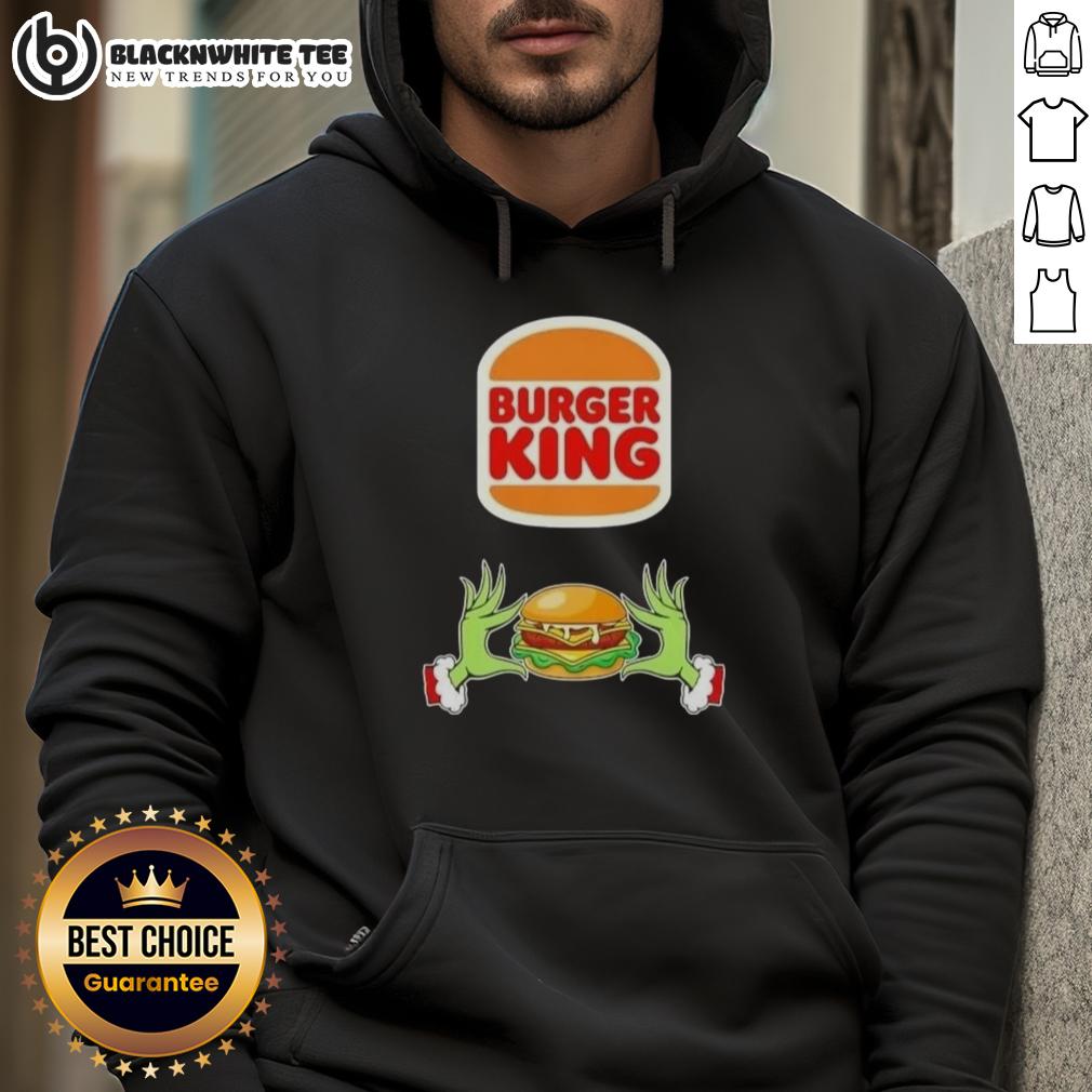 Happy Grinch Hands Love Burger King Merry Christmas Hoodie Happy Grinch hands holding a burger, wearing a Merry Christmas hoodie at Burger King, celebrating the festive season.