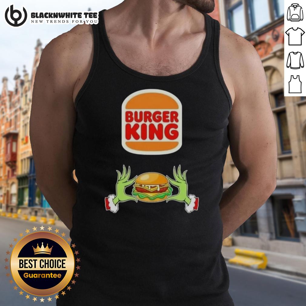 Happy Grinch Hands Love Burger King Merry Christmas Tank Top Happy Grinch hands holding a burger at Burger King, wearing a Merry Christmas tank top, festive holiday spirit.