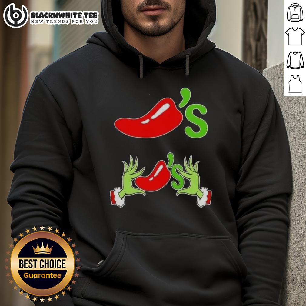Happy Grinch Hands Love Chili'S Merry Christmas Hoodie Happy Grinch hands forming a heart shape on a Merry Christmas hoodie, showcasing love for chilis and holiday spirit.