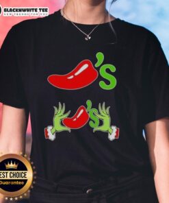 Happy Grinch hands holding chilis on a Merry Christmas ladies tee, perfect for festive holiday celebrations.