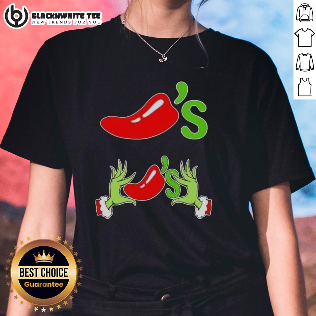 Happy Grinch Hands Love Chili'S Merry Christmas Ladies Tee Happy Grinch hands holding chilis on a Merry Christmas ladies tee, perfect for festive holiday celebrations.
