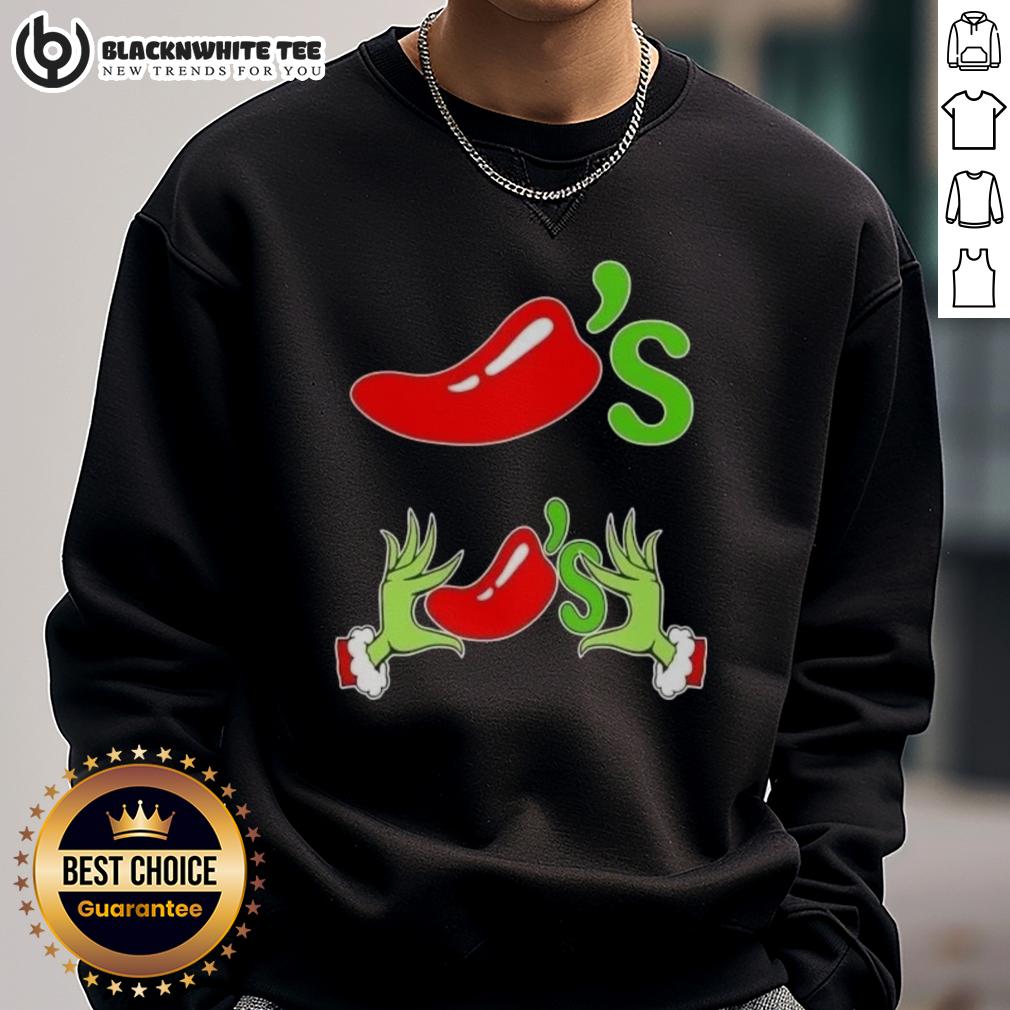 Happy Grinch Hands Love Chili'S Merry Christmas Sweatshirt Happy Grinch hands holding chilis on a Merry Christmas sweatshirt, perfect for festive holiday celebrations.