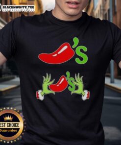Alt Text: Happy Grinch hands holding a bowl of chili on a festive Merry Christmas T-shirt design.