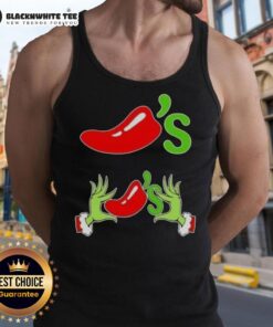 Happy Grinch hands holding chilis on a Merry Christmas tank top, perfect for festive holiday celebrations and gifts.