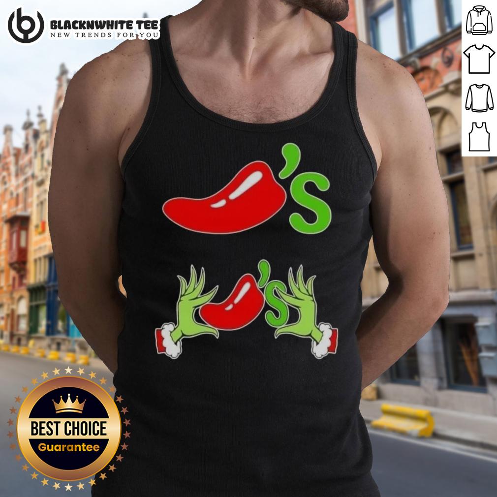 Happy Grinch Hands Love Chili'S Merry Christmas Tank Top Happy Grinch hands holding chilis on a Merry Christmas tank top, perfect for festive holiday celebrations and gifts.