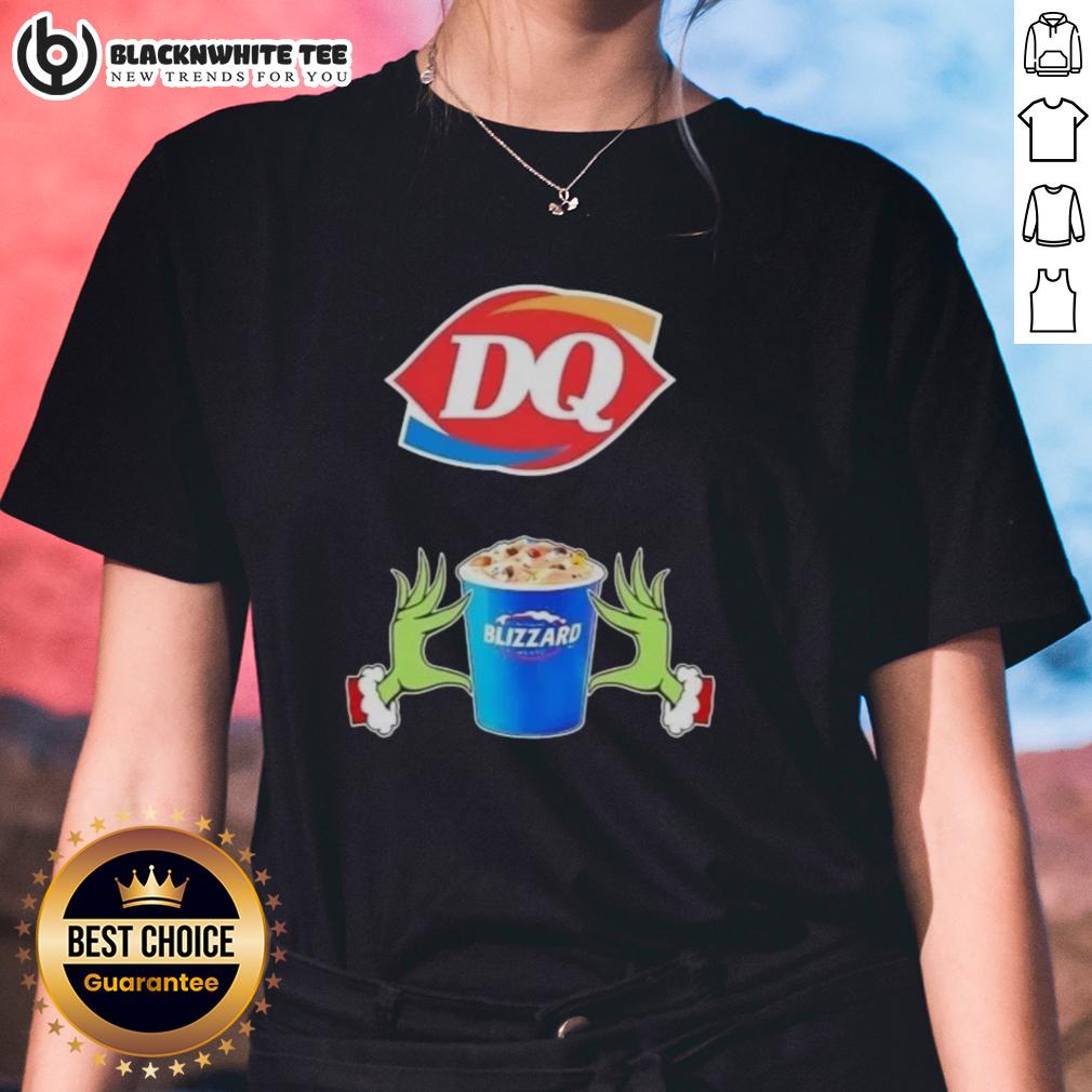 Happy Grinch Hands Love Dairy Queen Merry Christmas Ladies Tee Happy Grinch hands forming a heart, promoting Dairy Queen with 'Merry Christmas' on a ladies tee shirt design.