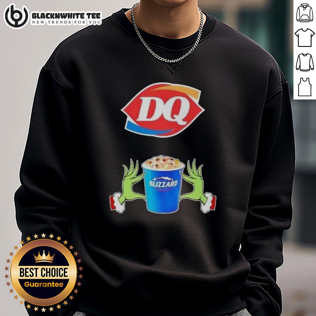 Happy Grinch Hands Love Dairy Queen Merry Christmas Sweatshirt Alt Text: Happy Grinch hands holding a love sign on a Dairy Queen Merry Christmas sweatshirt, perfect for holiday cheer.