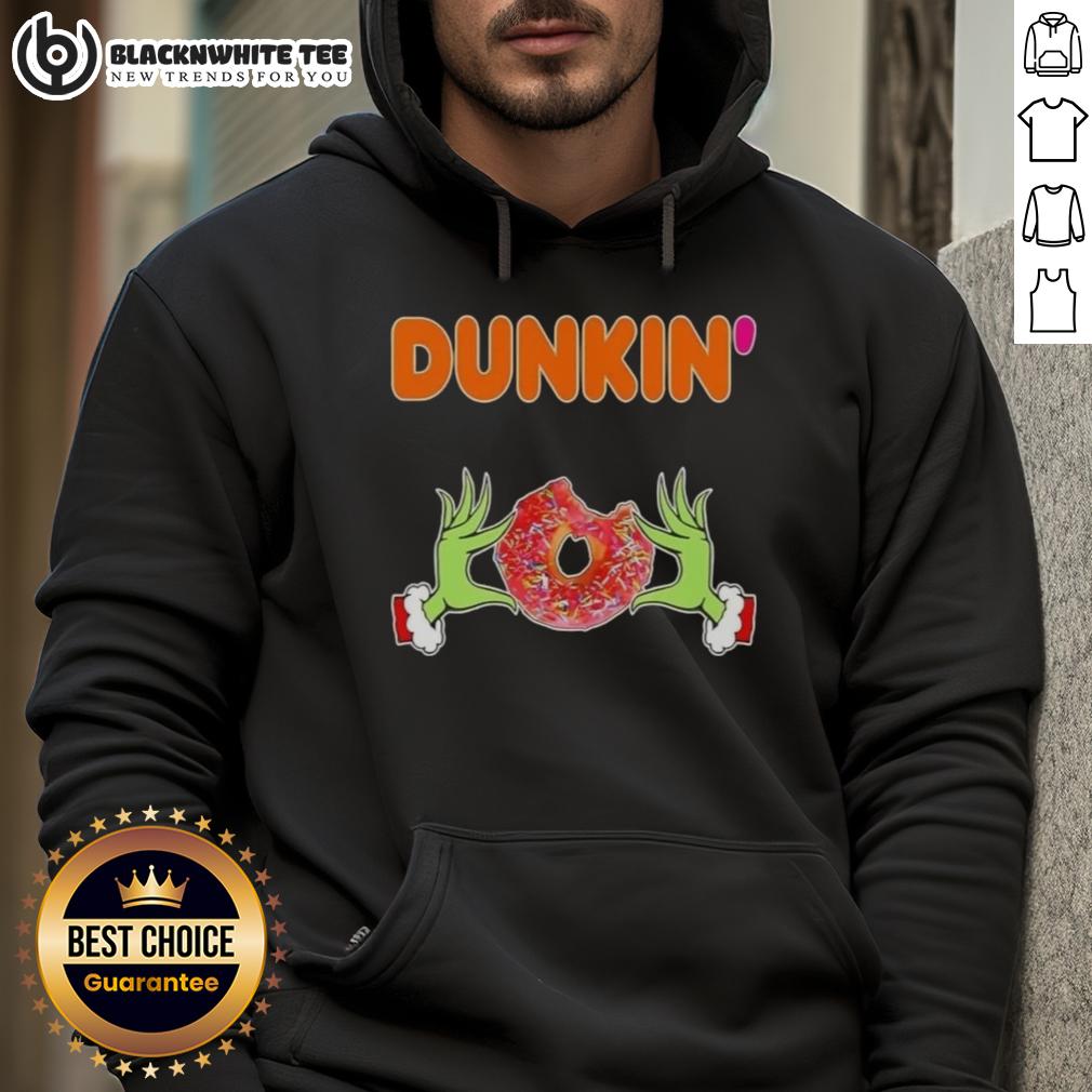 Happy Grinch Hands Love Dunkin Donut Merry Christmas Hoodie Happy Grinch hands holding a Dunkin' Donut, wearing a Merry Christmas hoodie, perfect for festive celebrations.