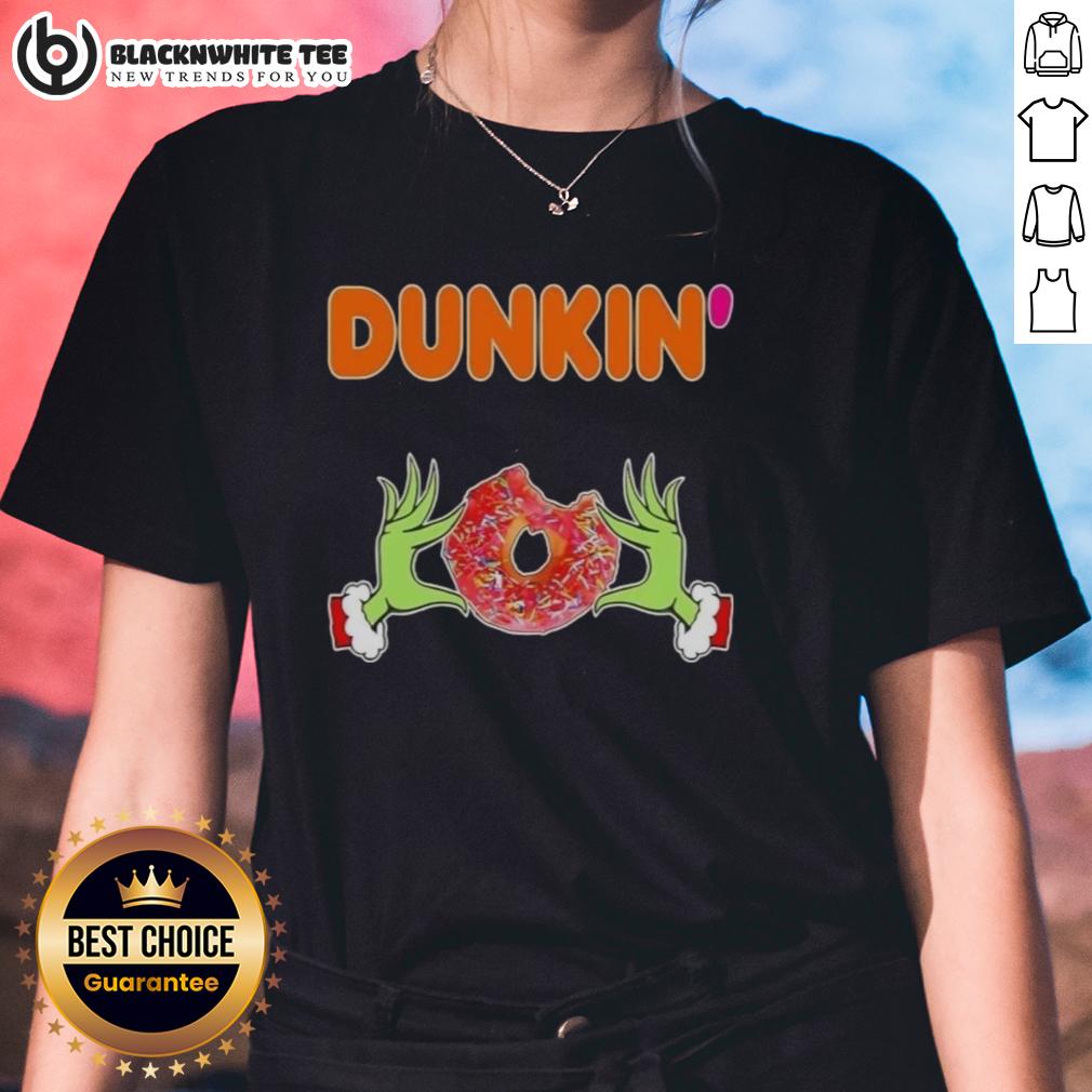 Happy Grinch Hands Love Dunkin Donut Merry Christmas Ladies Tee Happy Grinch hands holding a Dunkin' Donut, perfect for a Merry Christmas ladies' tee design.