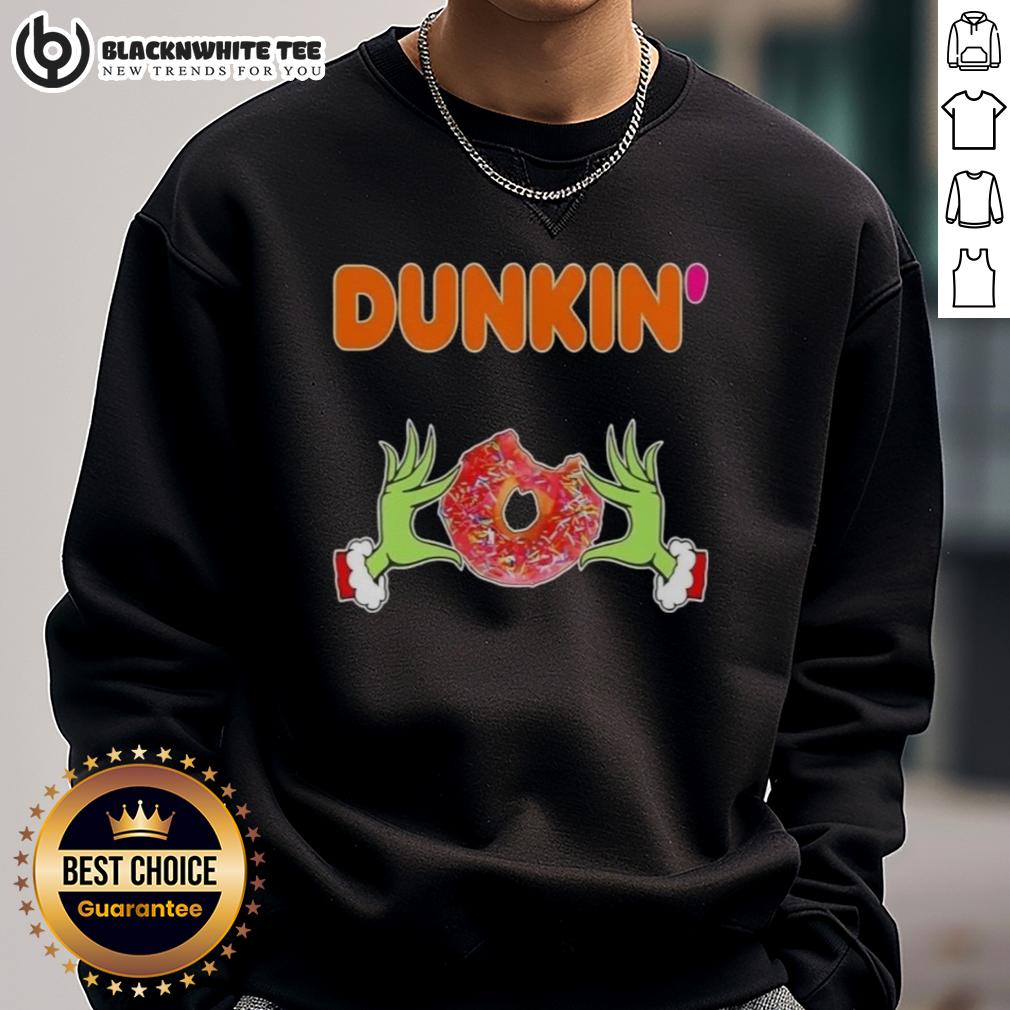 Happy Grinch Hands Love Dunkin Donut Merry Christmas Sweatshirt Happy Grinch hands holding a Dunkin' Donut on a Merry Christmas sweatshirt, perfect for festive holiday cheer.