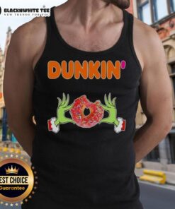 Happy Grinch hands holding a Dunkin' Donut, wearing a Merry Christmas tank top, perfect for festive celebrations.